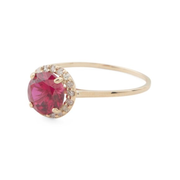 GEMOLIO Gold/Ruby 14kt Gold Lab Ruby And Diamond Halo Ring - Picture 1 of 2